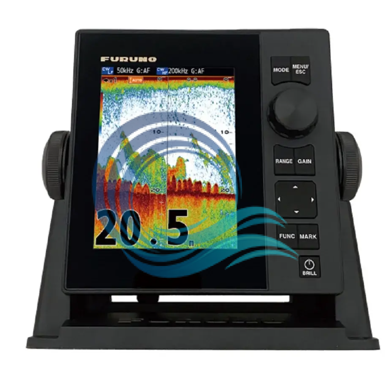 Fish finder Furuno FCV-689 original dengan frekuensi 50 dan 200 kHz, layar 5,7 inci, resolusi VGA 640 x 480 px, transducer 600 W, waterproof, IP56.
