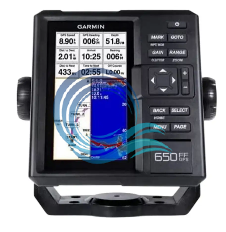 Fisfh finder Garmin FF 350 Plus dengan layar 6 inci, resolusi 480 x 800 px, frekuensi sonar 50/77/200kHz, tegangan masukan 10V – 36VDC, waterproof, IPX7.